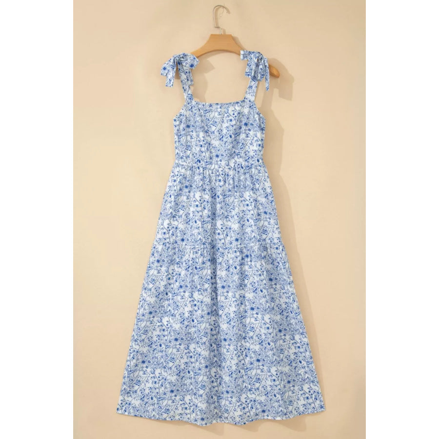 Floral Print Knot Straps High Waist Flared Maxi Dress Apparel and Accessories