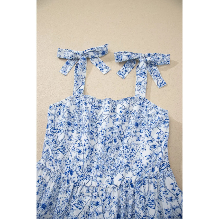Floral Print Knot Straps High Waist Flared Maxi Dress Apparel and Accessories