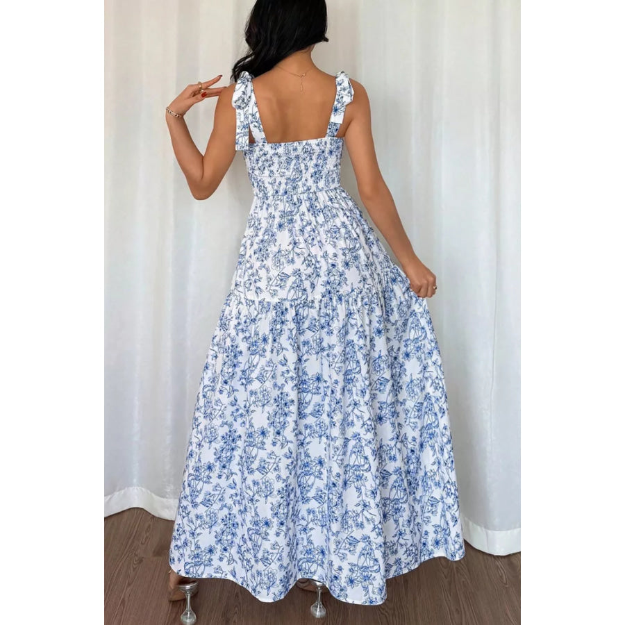 Floral Print Knot Straps High Waist Flared Maxi Dress Apparel and Accessories