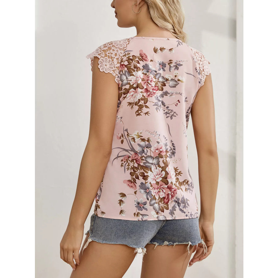 Floral Print Lace Trim Blouse Apparel and Accessories