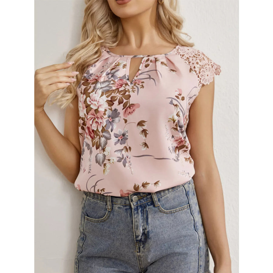 Floral Print Lace Trim Blouse Apparel and Accessories
