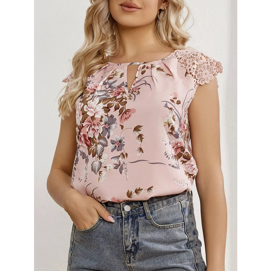Floral Print Lace Trim Blouse Apparel and Accessories