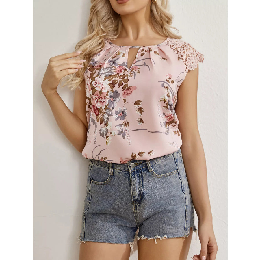 Floral Print Lace Trim Blouse Apparel and Accessories