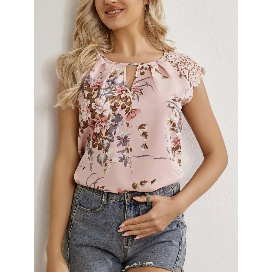 Floral Print Lace Trim Blouse Apparel and Accessories