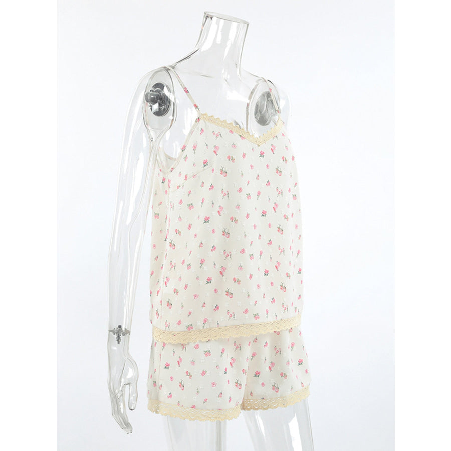 Floral Print Lace Trim Cami and Shorts Set Apparel and Accessories