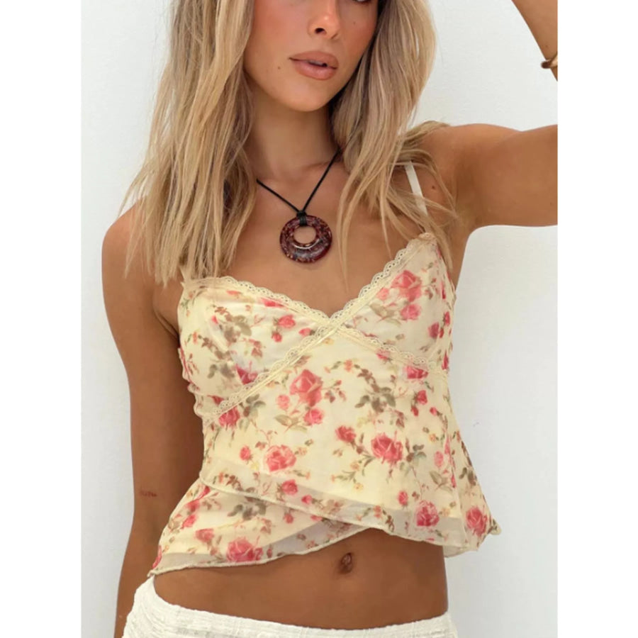 Floral Print Lace Trim Cami Pastel Yellow / S Apparel and Accessories