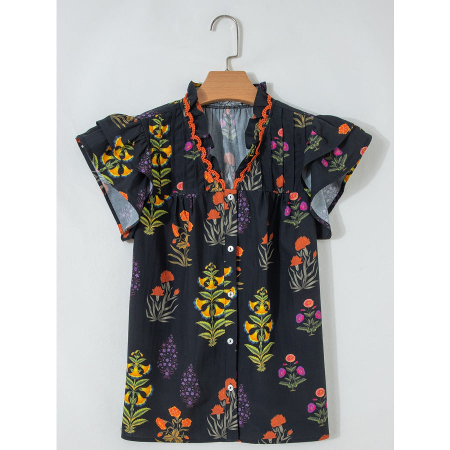 Floral Print Lace Trim Frilled V Neck Short Sleeve Shirt Apparel and Accessories