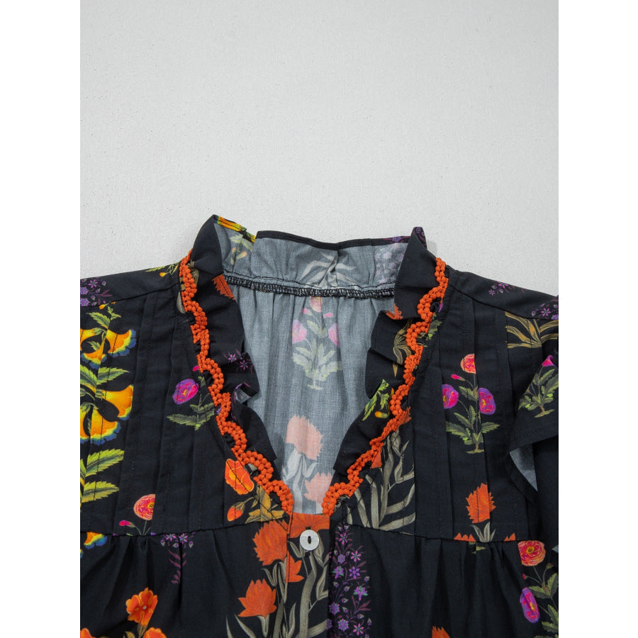 Floral Print Lace Trim Frilled V Neck Short Sleeve Shirt Apparel and Accessories