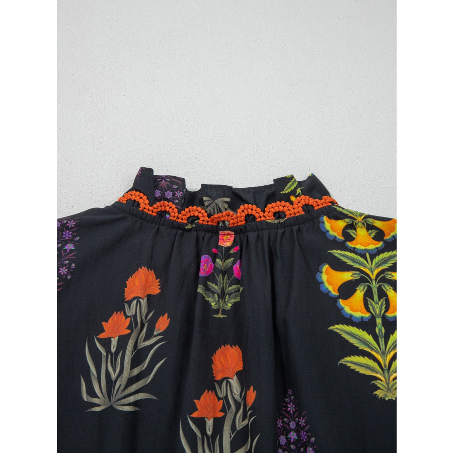 Floral Print Lace Trim Frilled V Neck Short Sleeve Shirt Apparel and Accessories