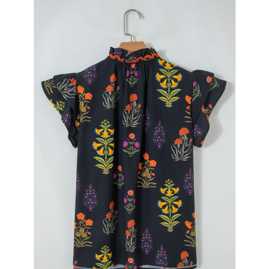 Floral Print Lace Trim Frilled V Neck Short Sleeve Shirt Apparel and Accessories