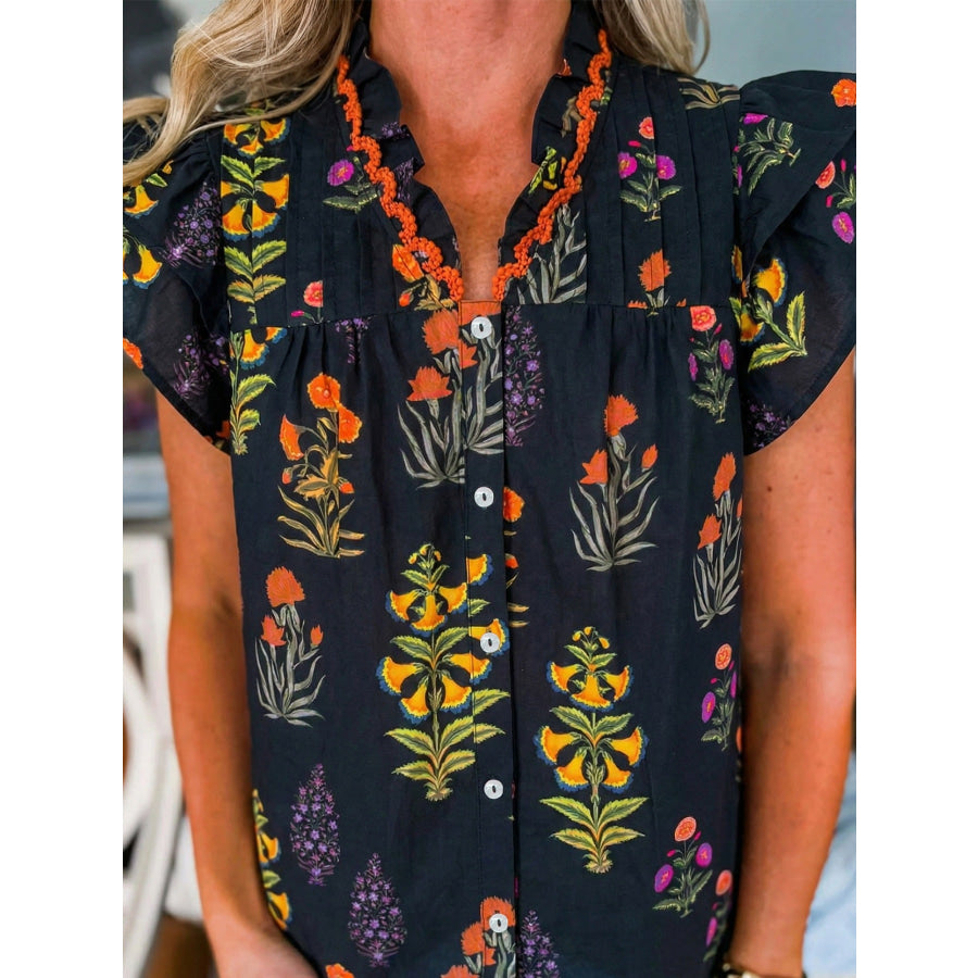 Floral Print Lace Trim Frilled V Neck Short Sleeve Shirt Apparel and Accessories