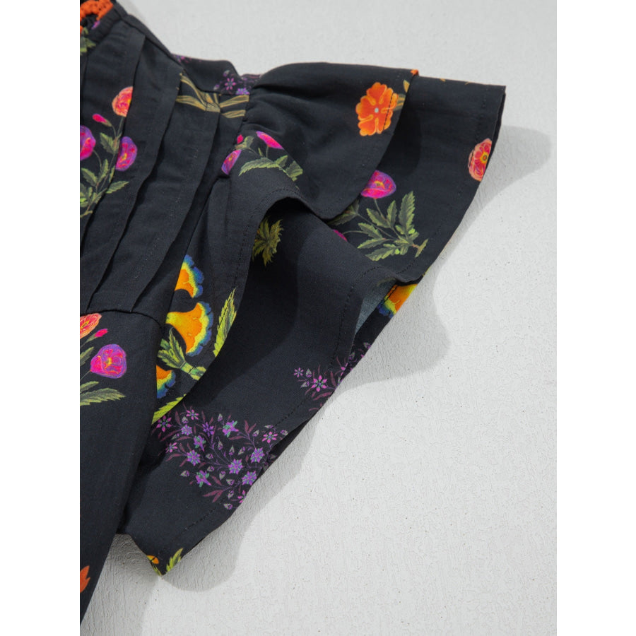 Floral Print Lace Trim Frilled V Neck Short Sleeve Shirt Apparel and Accessories