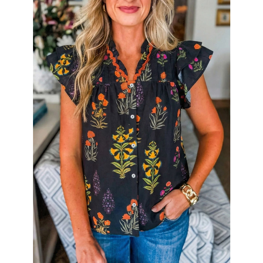 Floral Print Lace Trim Frilled V Neck Short Sleeve Shirt Black / S Apparel and Accessories