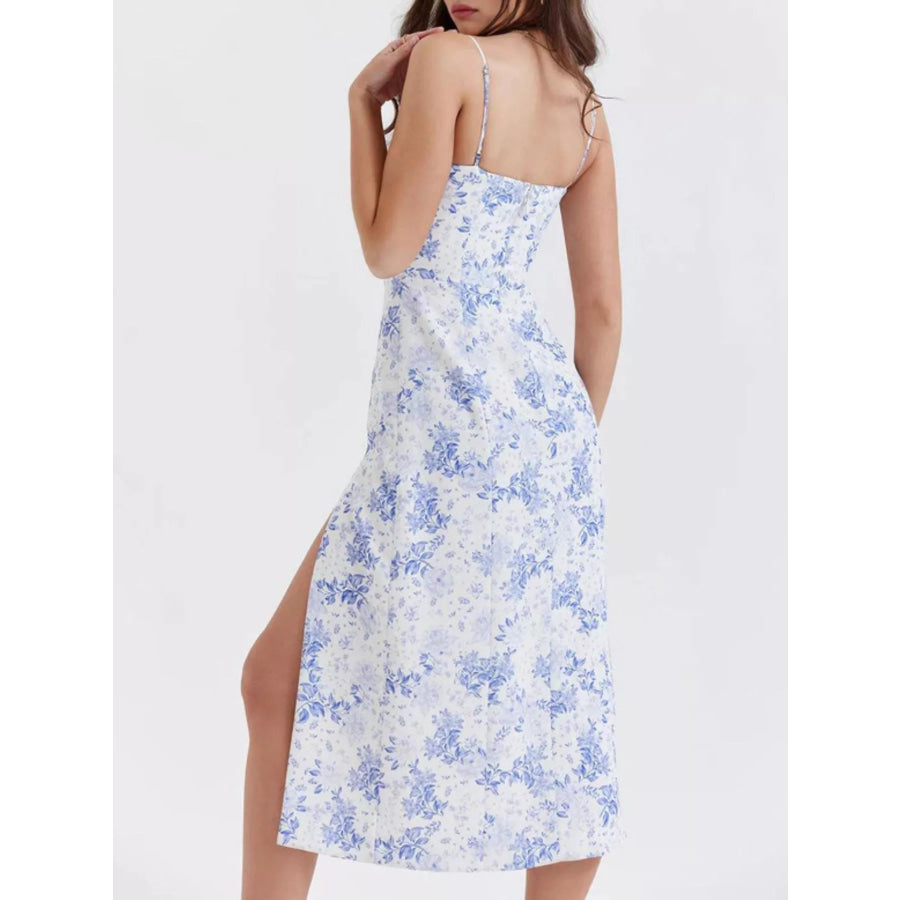 Floral Print Lace Trim Slit Midi Dress Apparel and Accessories