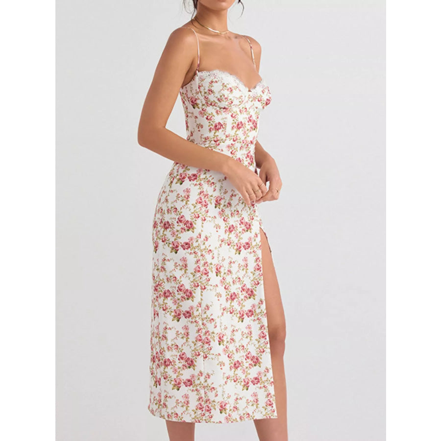 Floral Print Lace Trim Slit Midi Dress Apparel and Accessories