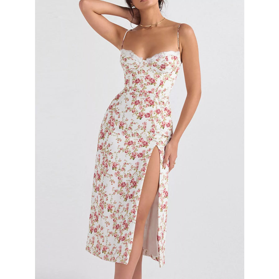 Floral Print Lace Trim Slit Midi Dress Apparel and Accessories