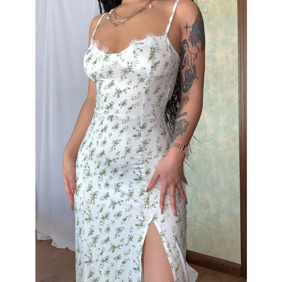 Floral Print Lace Trim Slit Midi Dress Apparel and Accessories