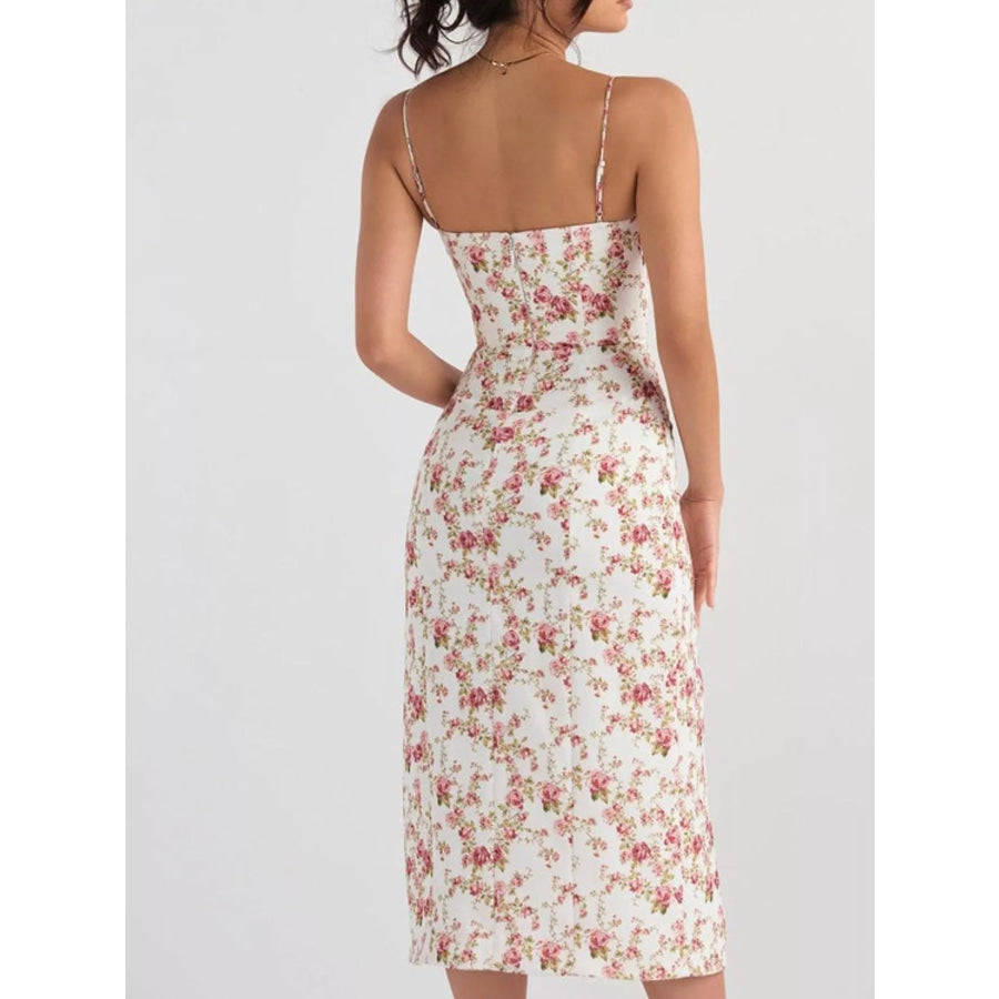 Floral Print Lace Trim Slit Midi Dress Apparel and Accessories