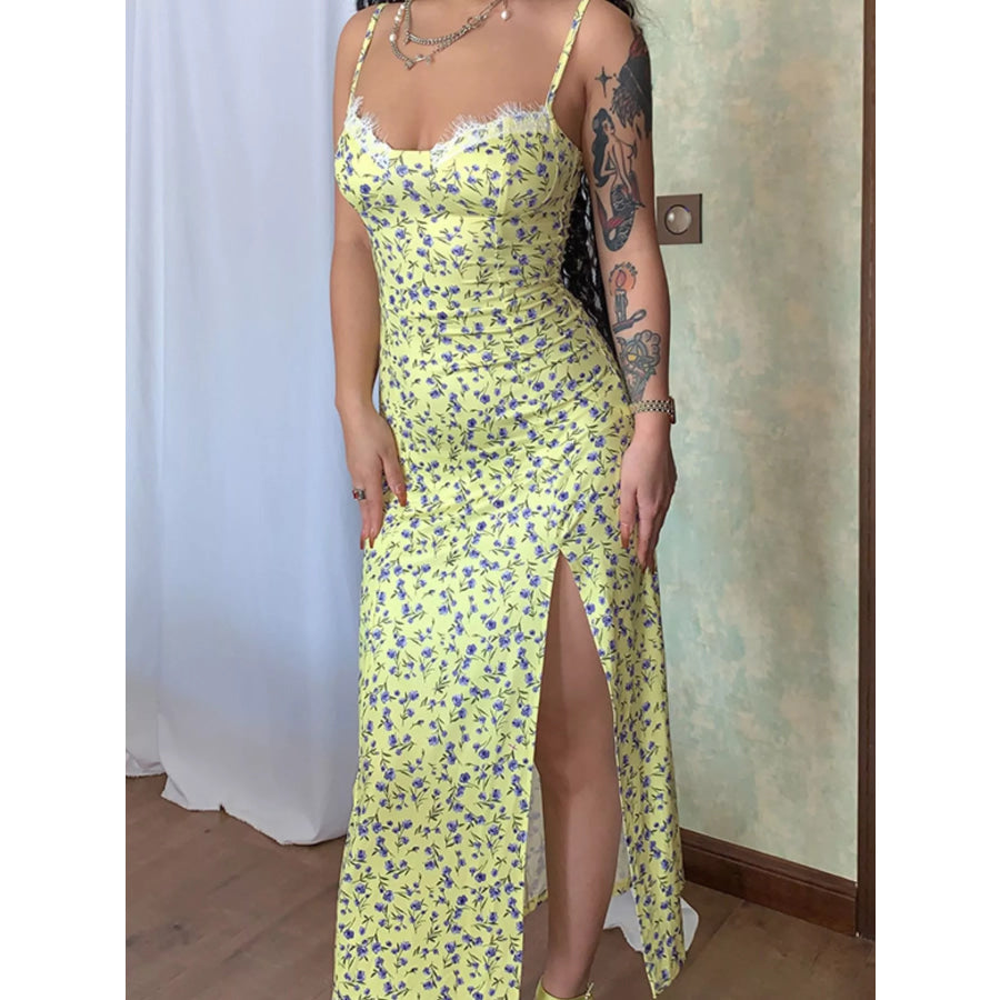 Floral Print Lace Trim Slit Midi Dress Apparel and Accessories