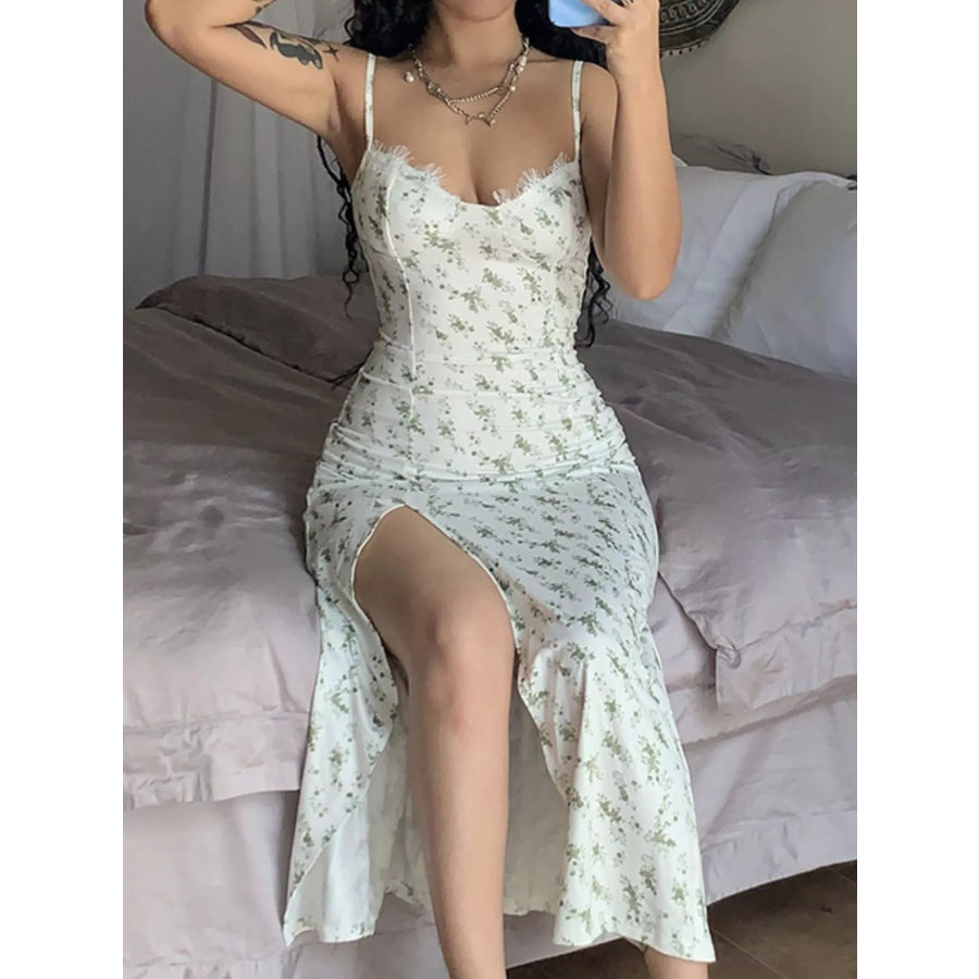 Floral Print Lace Trim Slit Midi Dress Apparel and Accessories