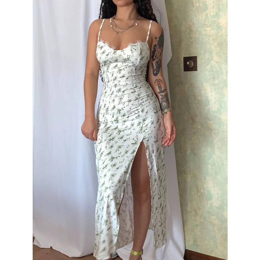 Floral Print Lace Trim Slit Midi Dress Apparel and Accessories