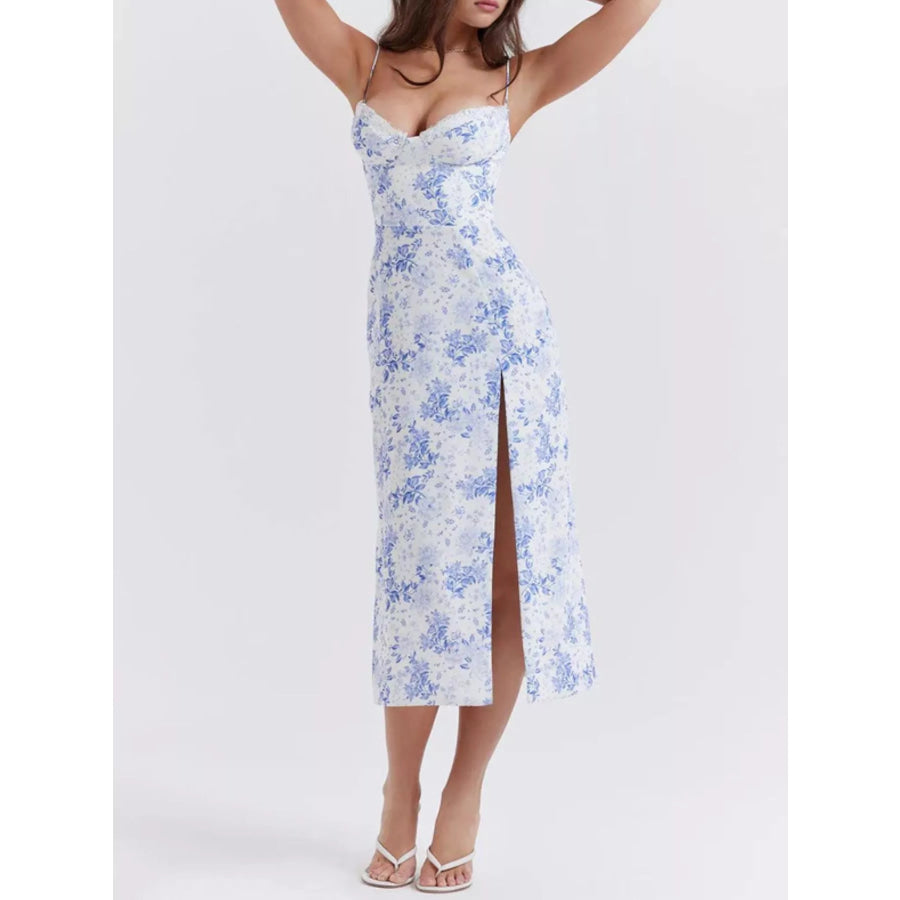Floral Print Lace Trim Slit Midi Dress Apparel and Accessories