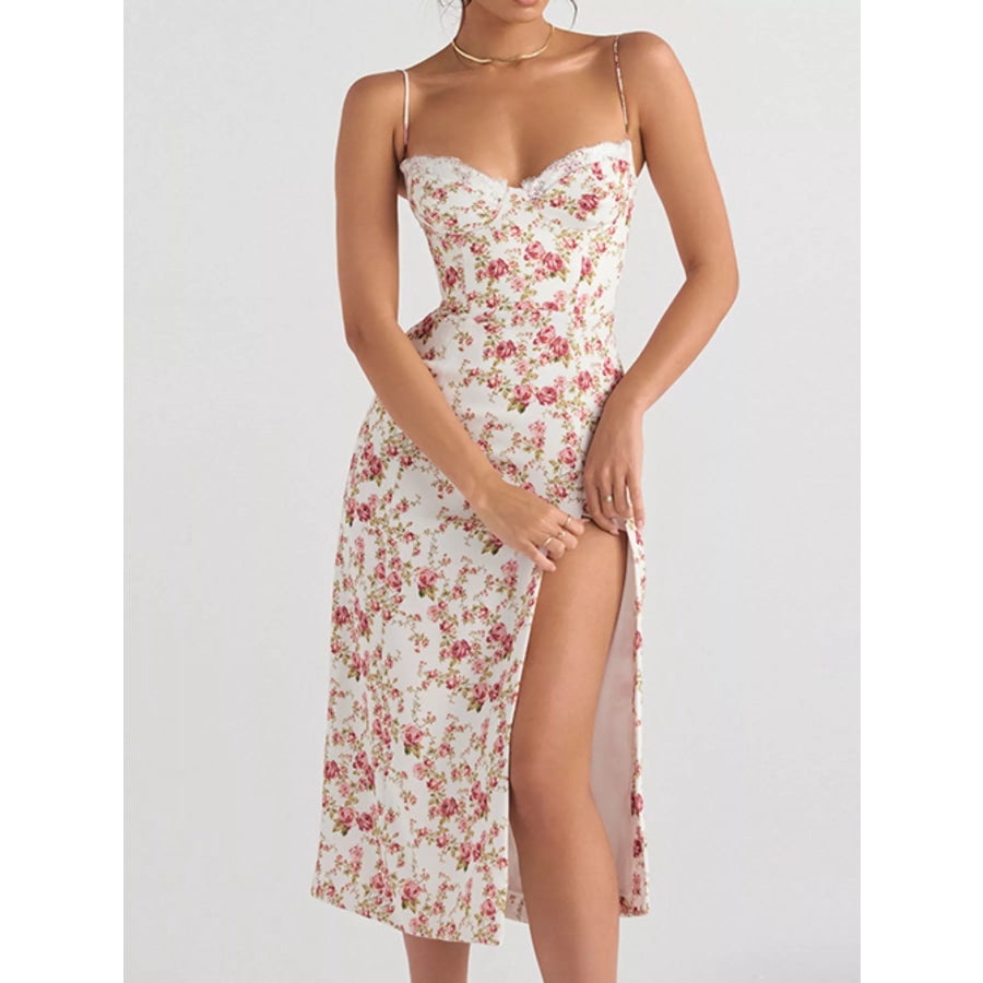 Floral Print Lace Trim Slit Midi Dress Apparel and Accessories
