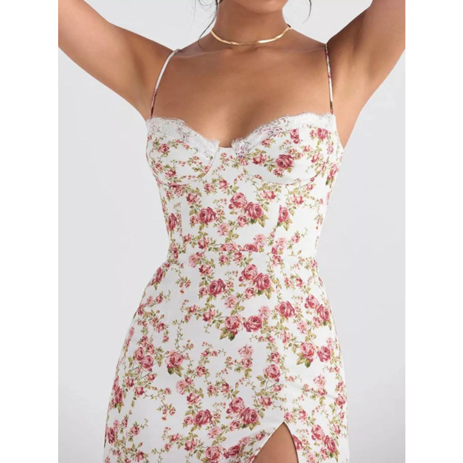 Floral Print Lace Trim Slit Midi Dress Apparel and Accessories