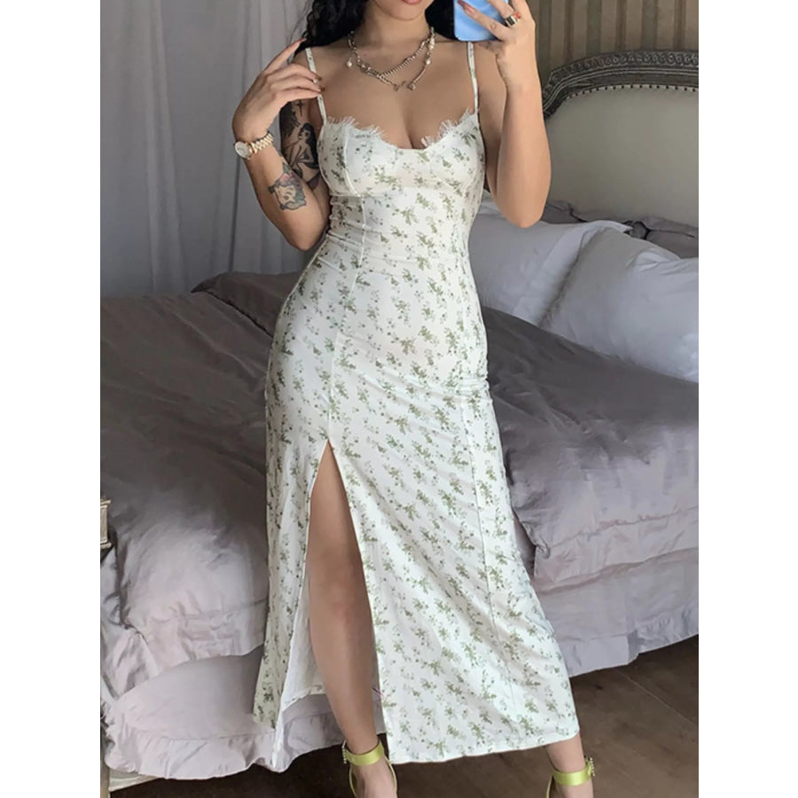Floral Print Lace Trim Slit Midi Dress Apparel and Accessories
