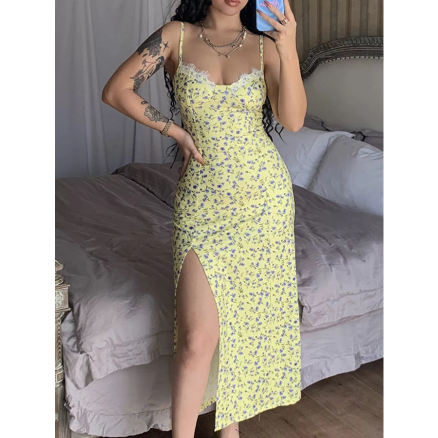 Floral Print Lace Trim Slit Midi Dress Chartreuse / S Apparel and Accessories