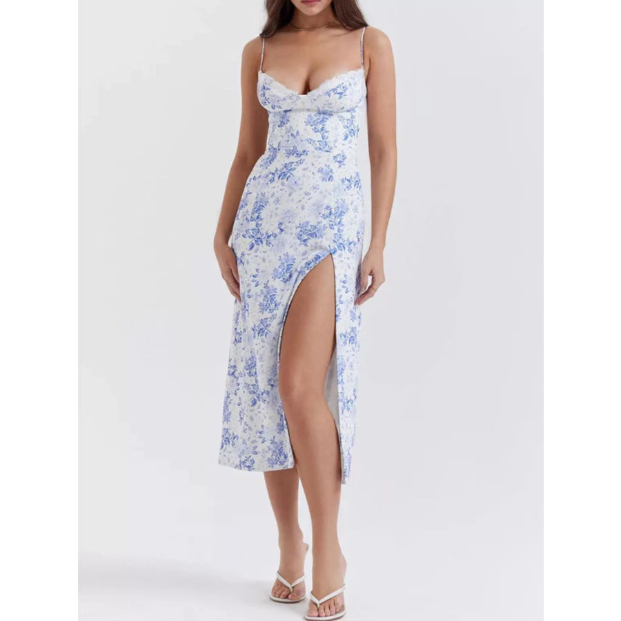 Floral Print Lace Trim Slit Midi Dress Light Blue / S Apparel and Accessories
