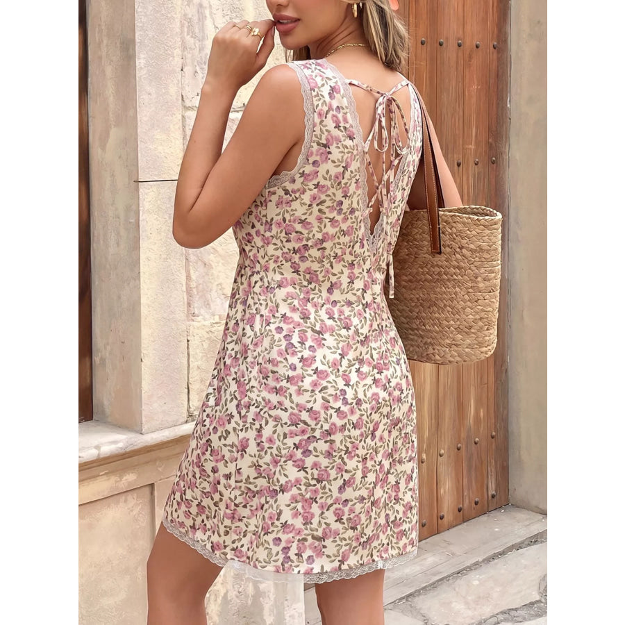 Floral Print Lace Trim Tie Front Dress Apparel and Accessories
