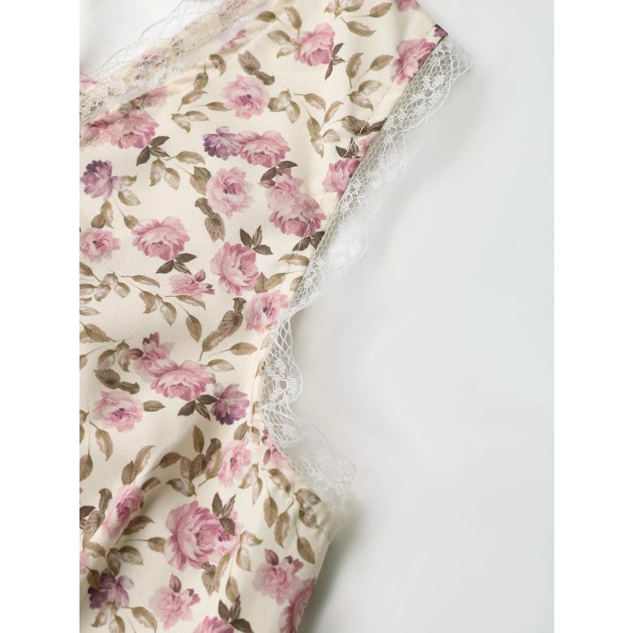 Floral Print Lace Trim Tie Front Dress Apparel and Accessories
