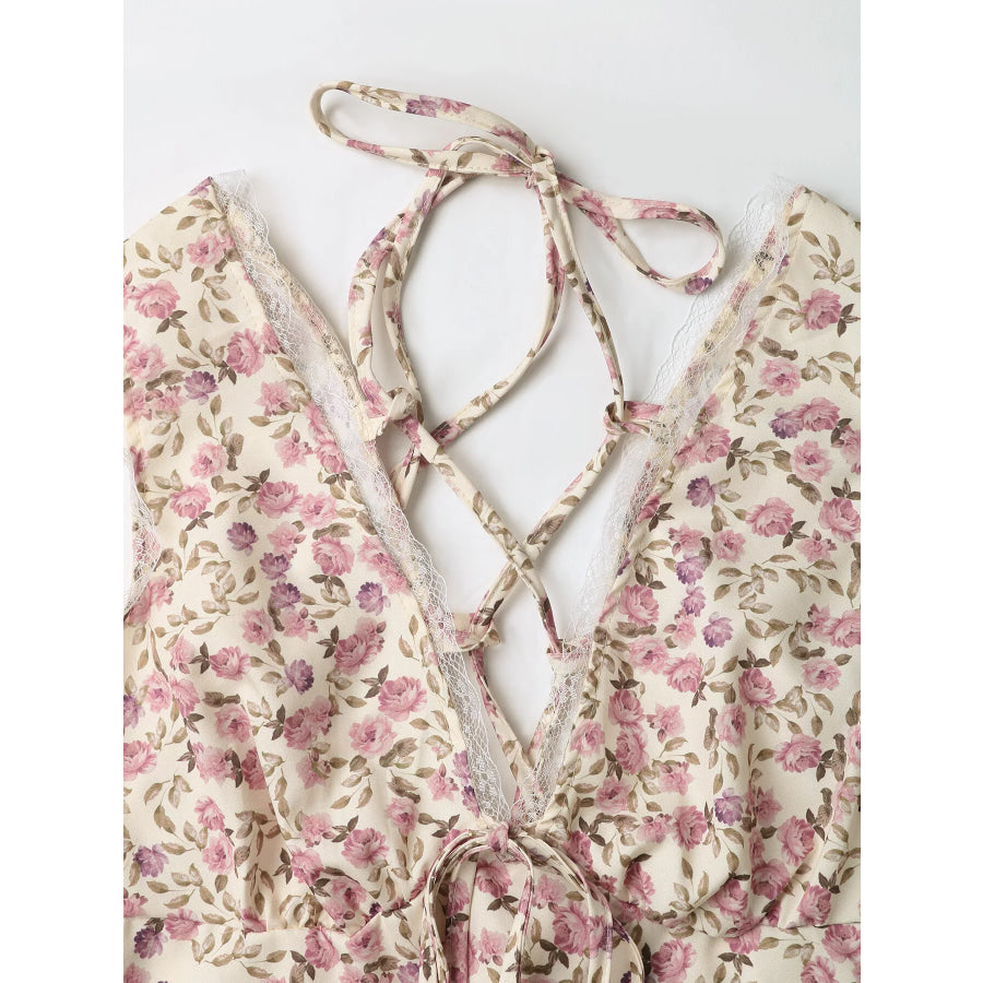 Floral Print Lace Trim Tie Front Dress Apparel and Accessories