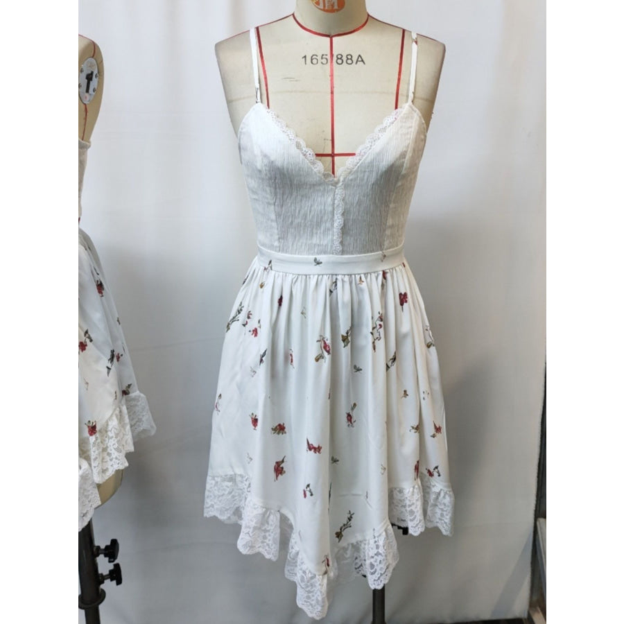 Floral Print Lace Trimmed Asymmetrical Hem Cami Dress Apparel and Accessories