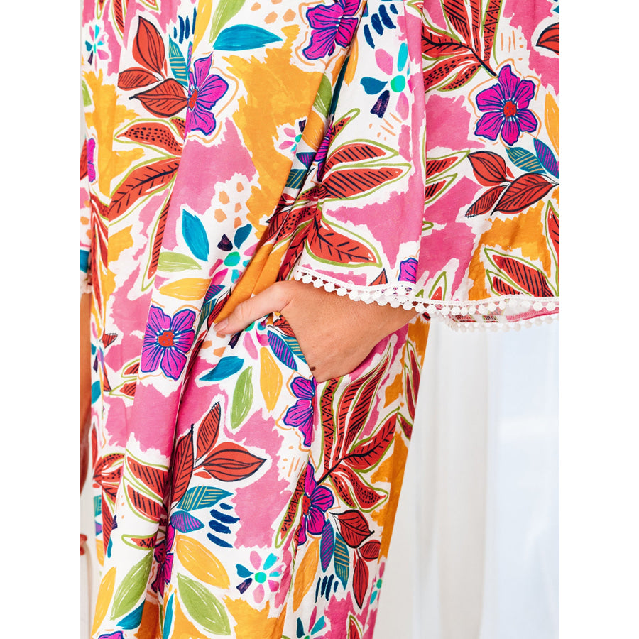 Floral Print Lace Trimmed Tie Back Bell Sleeve Swing Mini Dress Apparel and Accessories
