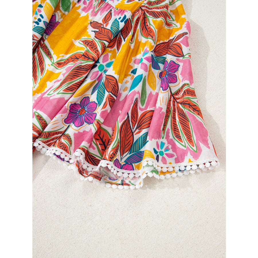 Floral Print Lace Trimmed Tie Back Bell Sleeve Swing Mini Dress Apparel and Accessories