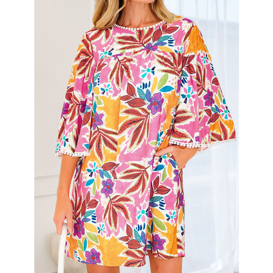 Floral Print Lace Trimmed Tie Back Bell Sleeve Swing Mini Dress Apparel and Accessories