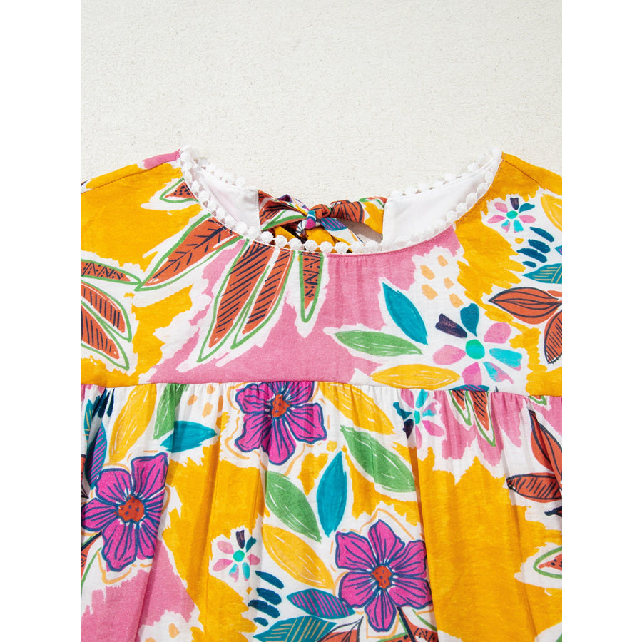 Floral Print Lace Trimmed Tie Back Bell Sleeve Swing Mini Dress Apparel and Accessories