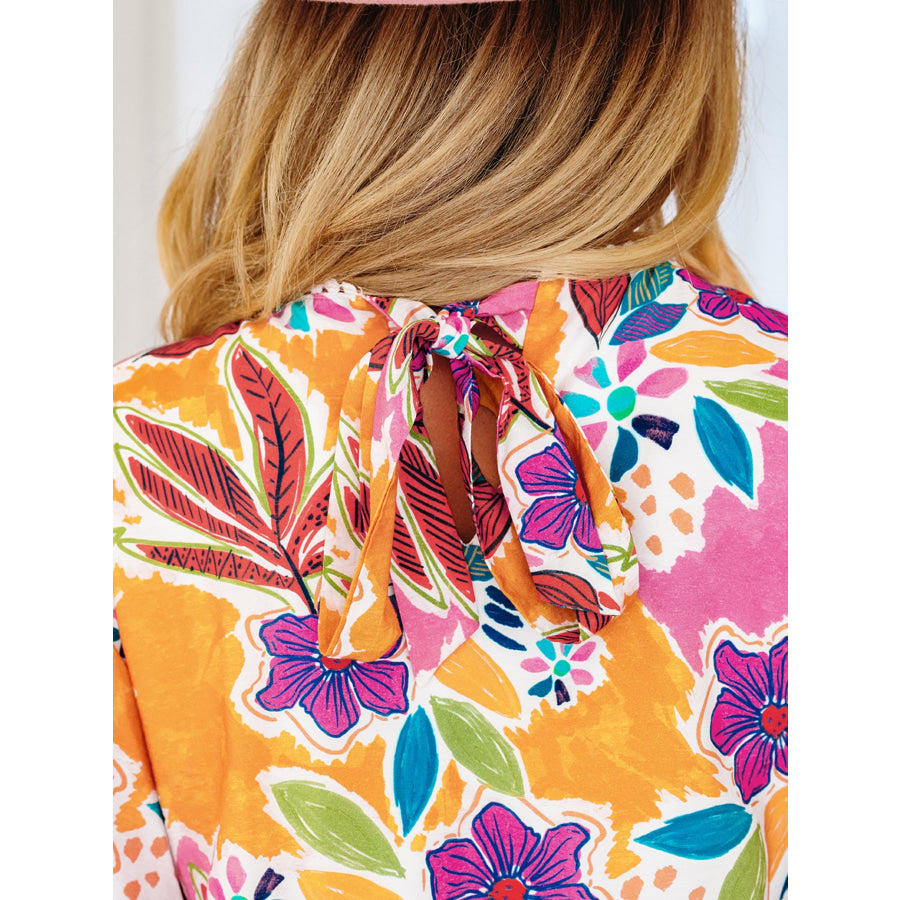 Floral Print Lace Trimmed Tie Back Bell Sleeve Swing Mini Dress Apparel and Accessories