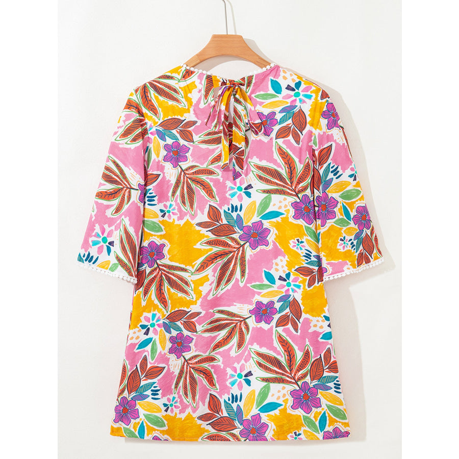 Floral Print Lace Trimmed Tie Back Bell Sleeve Swing Mini Dress Apparel and Accessories
