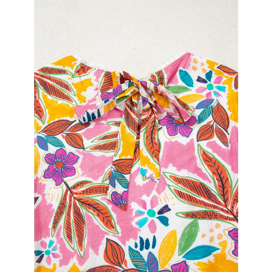 Floral Print Lace Trimmed Tie Back Bell Sleeve Swing Mini Dress Apparel and Accessories