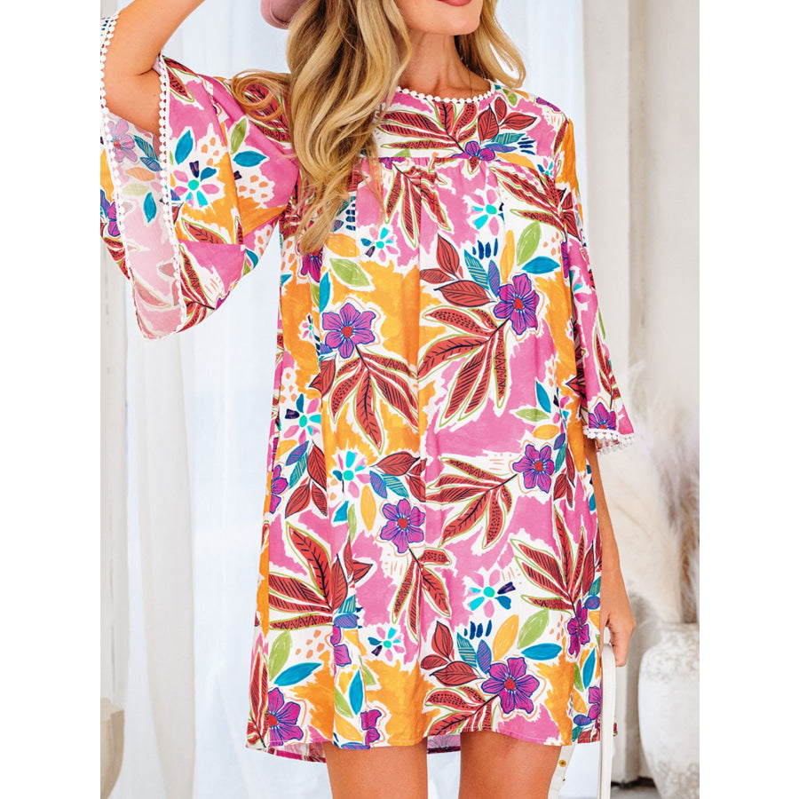 Floral Print Lace Trimmed Tie Back Bell Sleeve Swing Mini Dress Apparel and Accessories