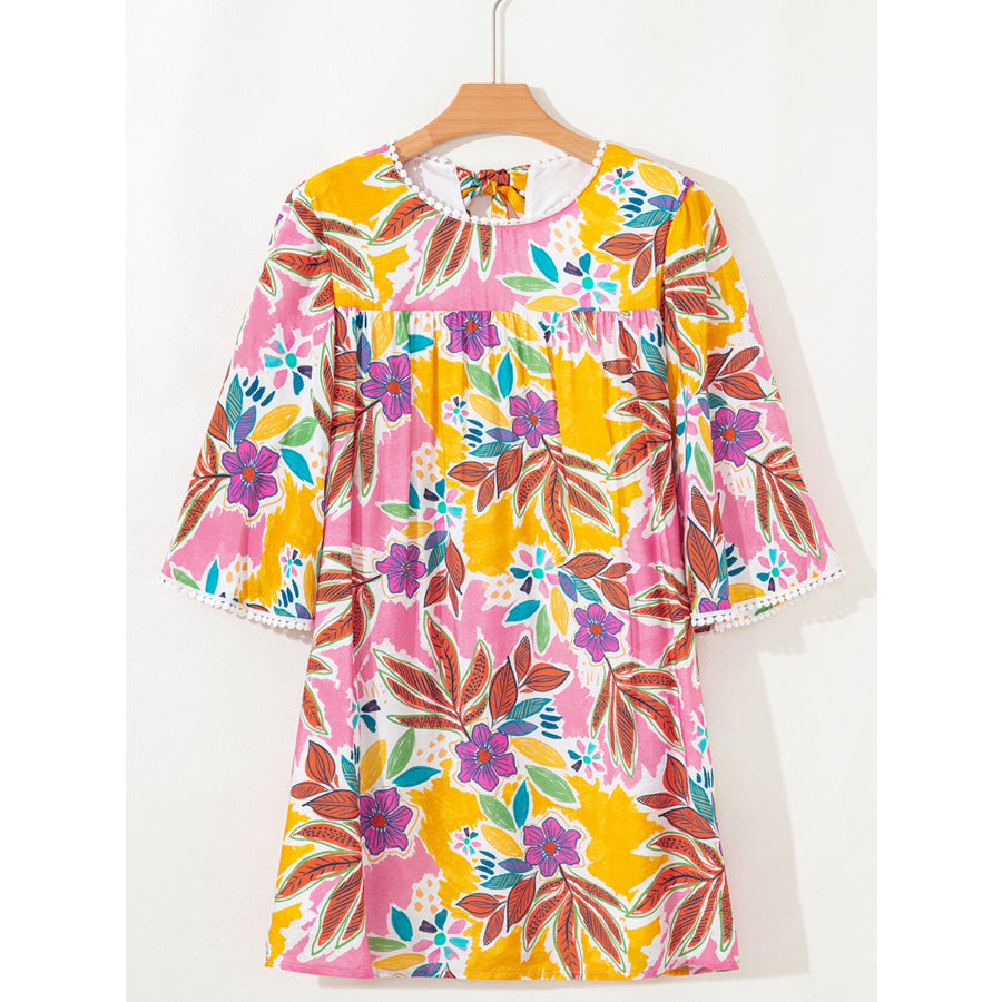 Floral Print Lace Trimmed Tie Back Bell Sleeve Swing Mini Dress Apparel and Accessories