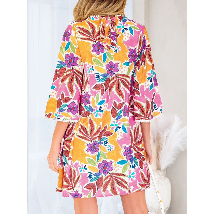 Floral Print Lace Trimmed Tie Back Bell Sleeve Swing Mini Dress Apparel and Accessories