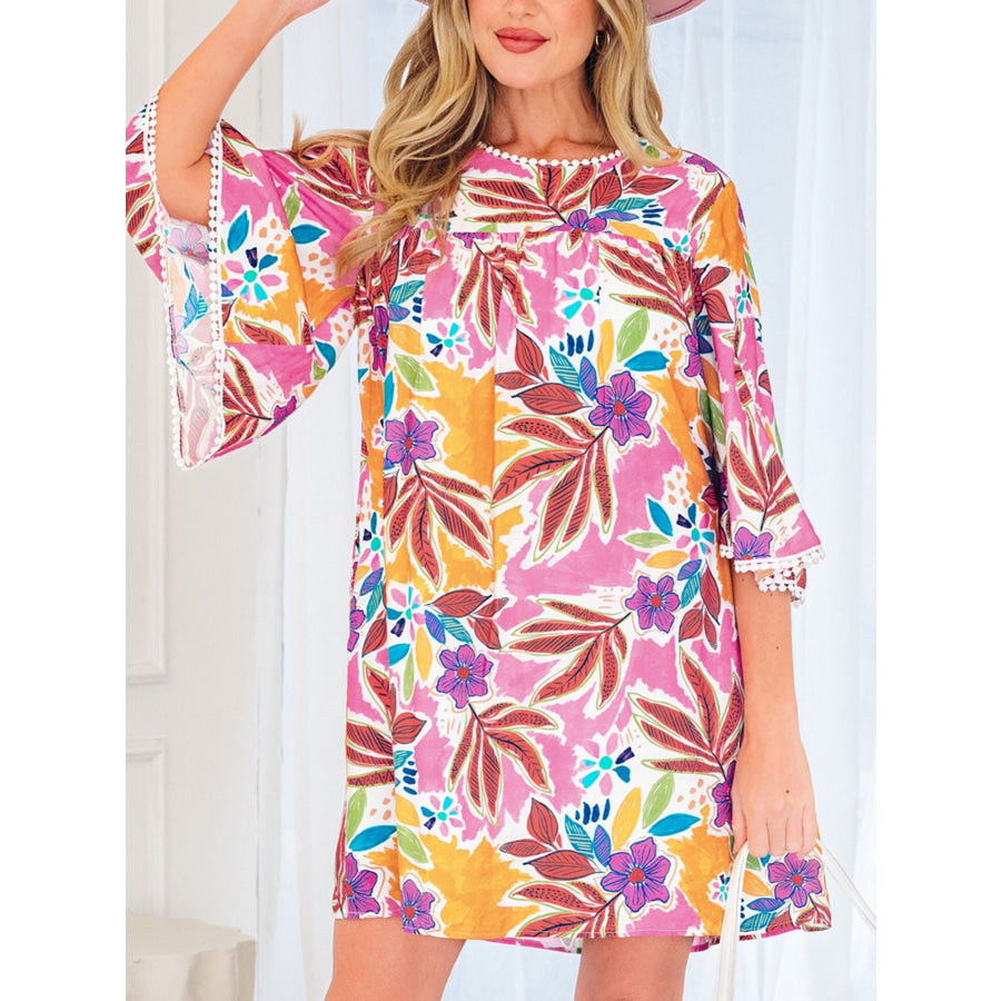 Floral Print Lace Trimmed Tie Back Bell Sleeve Swing Mini Dress Floral / S Apparel and Accessories