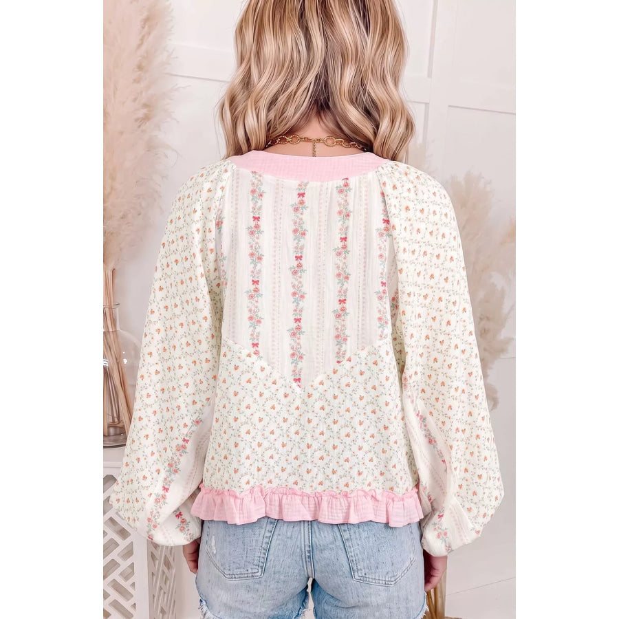 Floral Print Lace-Up Front Blouse with Ruffle Hem Apparel and Accessories