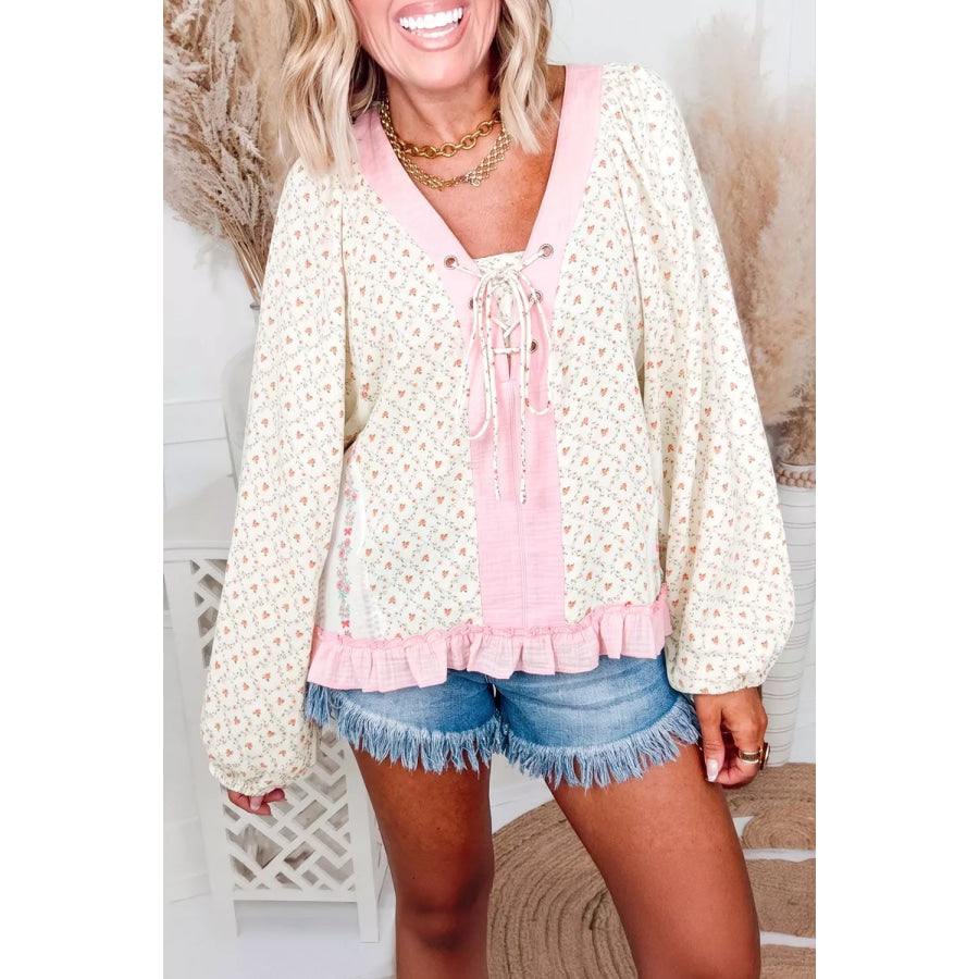 Floral Print Lace-Up Front Blouse with Ruffle Hem Apparel and Accessories