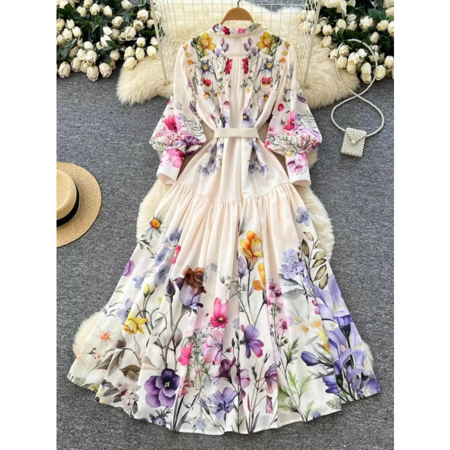 Floral Print Lantern Sleeve Midi Dress Color / S Apparel and Accessories