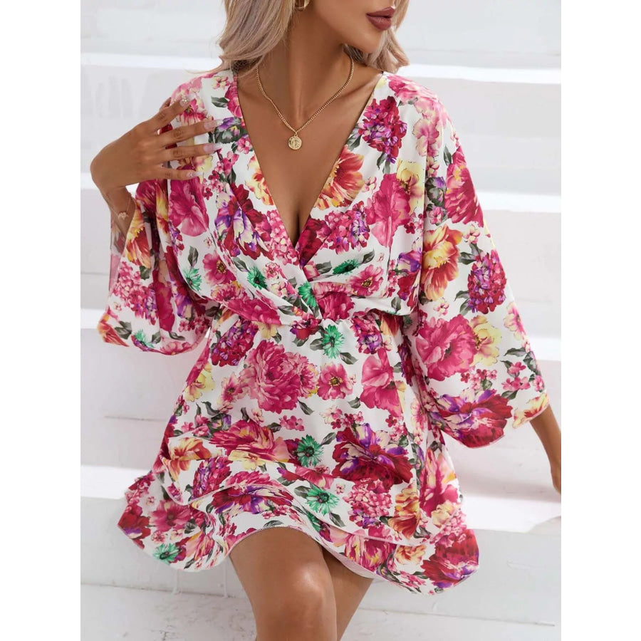 Floral Print Layered Ruffle Hem Mini Dress Apparel and Accessories